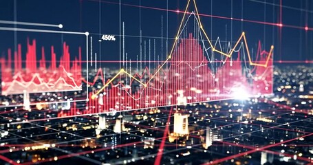 Digital abstract visualization of financial data charts and graphs overlayed on a city skyline at night, representing big data and analytics - Powered by Adobe