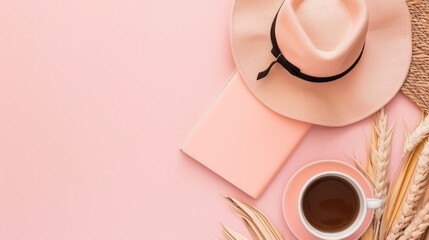 Elegant Summer Flat Lay with Straw Hat Book Coffee and Wheat on Pink Background
