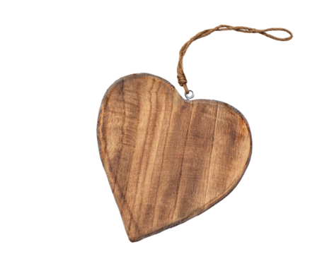 closeup on decorative wooden shape  heart  with string  isolated on transparent background