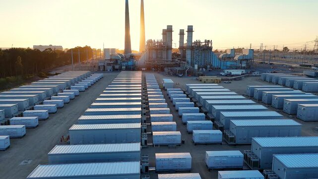 Battery Energy Storage System (BESS) at Moss Landing, California, USA during Sunset