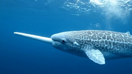 A rare narwhal with its long tusk swimming in the arctic ocean