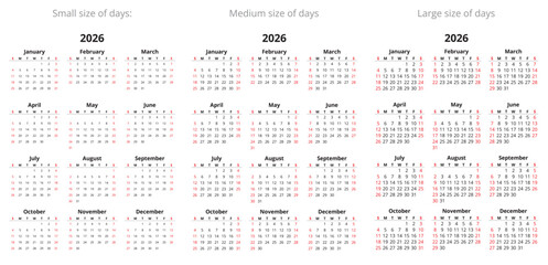 2026 simple calendars with different size of days. English year design (week starts sunday)