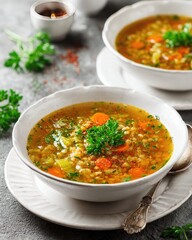 Vegetable barley soup with celery, carrots and parsley, served in white crockery
