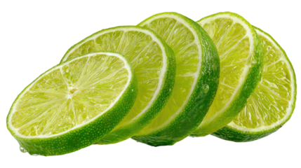 Fresh lime slices with juicy citrus texture showing bright tropical fruit detail and natural healthy food ingredient isolated on white background