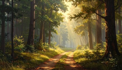 A sun-drenched forest path winds through towering trees, bathed in golden light.