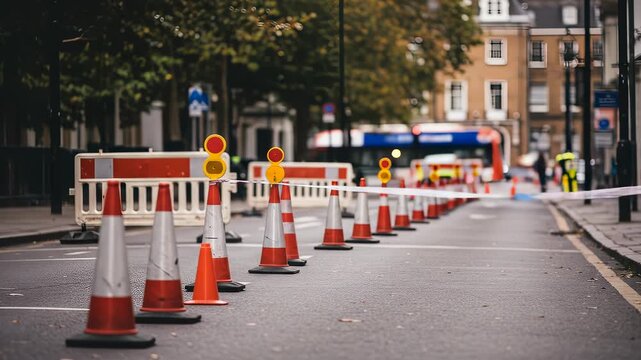 Urban road maintenance with traffic cones and barriers safeguarding the street