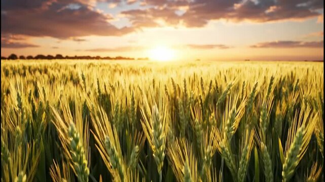 Cinematic zoom out from golden stalks of wheat to a wide landscape view of a vast field during a golden sunset