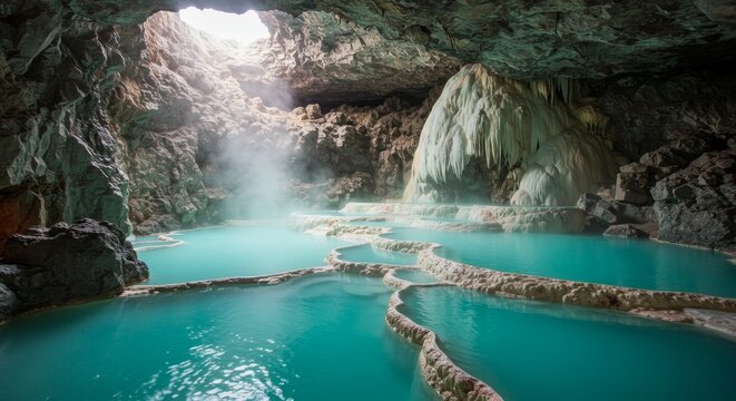 Turquoise thermal water pools and steaming natural caves. Underground hot springs and travertine terraces. Nature relaxation scene. - Powered by Adobe