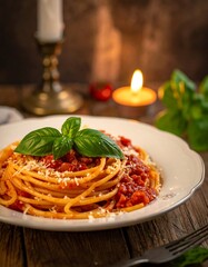 A rustic setting with a plate of spaghetti topped with tomato sauce, parmesan cheese, and basil