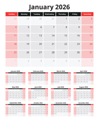 2026 calendar. Vector collection set of English monthly calendar. Design Sunday start