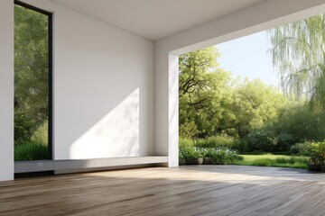 Fototapeta premium Modern outdoor patio with large window and garden view