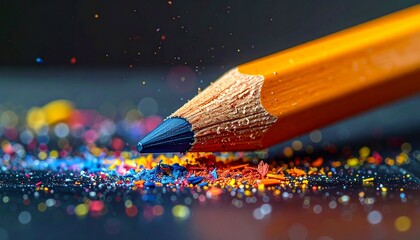 Sharpened yellow pencil with a blue tip among vibrant colored shavings on a dark background, symbolizing creativity, art, and education.