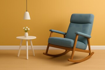 Modern Cozy Living Room with Blue Rocking Chair and White Side Table with Flowers under Pendant Light &ndash; Minimalist Scandinavian Interior Design