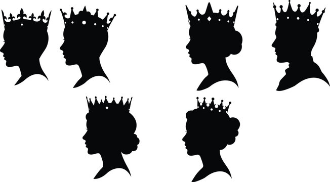 Royal king and queen crown silhouette profile vector illustration featuring elegant monarchy, vintage nobility, royal family heads, and majestic royalty