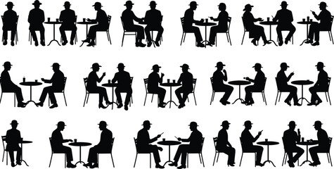 Silhouette vector illustration of people sitting at café tables, drinking coffee, chatting, social interaction, friends meeting, restaurant scene, urban lifestyle