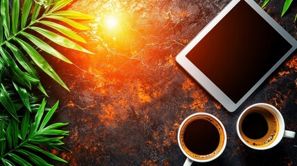 Morning coffee break with a digital tablet on a dark rustic surface with tropical palm leaves. A warm, sunny scene for remote work or relaxation
