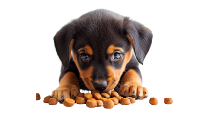 Puppy eating dog food isolated on a transparent background