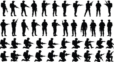 Silhouettes of armed soldiers with rifles in standing and kneeling poses for military, army, security, defense, tactical vector illustration