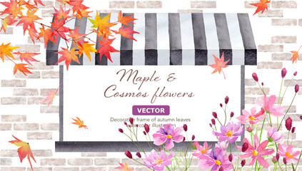 紅葉とコスモスの美しい、天幕のあるショップウィンドウ、秋の外観の水彩イラスト。ナチュラルなフレームデザイン。（ベクター。レイアウト変更可能）
