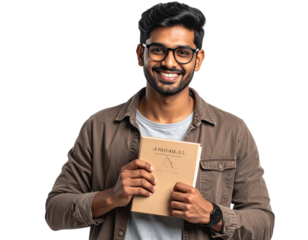 Smiling Young Student Holding a Book, Casual Style