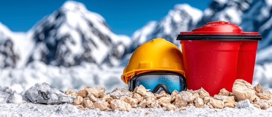 Safety Gear Amidst Towering Peaks A Conceptual View of Mountaineering and Risk Management, Featuring a Helmet, Goggles, and a Red Bucket
