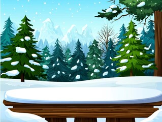 Winter wonderland scene with a snowy wooden table, evergreen trees, a snowy mountain backdrop, and a serene snowy landscape, perfect for winter themes