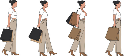 Fashionable woman shopping with bags illustration, modern female character in stylish outfit, retail lifestyle vector design, trendy fashion shopper silhouette