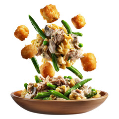 Bowls of green beans, crispy tater tots, and creamy tuna noodle casserole on wooden plate, isolated on white transparent background, concept of traditional United States dishes