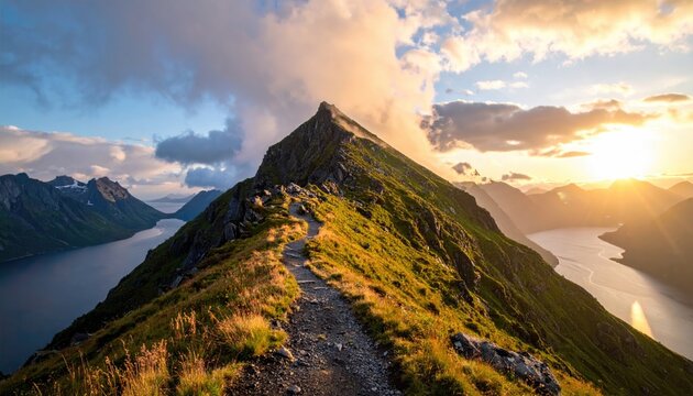 Mountain peak path at sunset over fjord