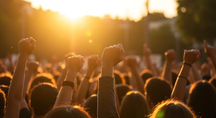 Symbol of hope and unity, crowd raising their fists in the air during a sunset protest or rally against injustice, showing solidarity and demanding change