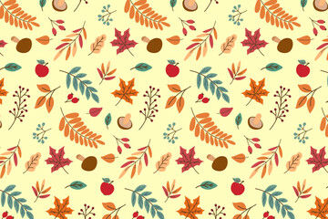 Autumn-themed vector illustration featuring a seamless pattern of colorful leaves, mushrooms, apples, and berries. Perfect for seasonal designs, backgrounds, and creative projects.