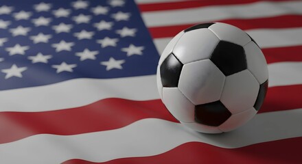 Soccer ball resting on a wavy United States flag