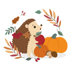 Charming vector illustration of a hedgehog holding a red apple surrounded by pumpkins, mushrooms, and colorful autumn leaves. Perfect for celebrating fall themes and harvest time.