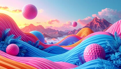A surreal dreamscape of vibrant, wavy hills with pink golf balls floating over a colorful, mountainous landscape.