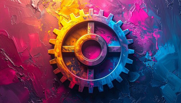 Dynamic colorful gear illustration on a vibrant abstract background. Modern mechanical concept for technology, innovation, and creative process.