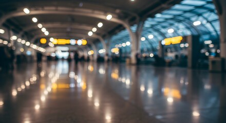 Blurred view of an airport interior, featuring glossy floors, overhead lights, and silhouettes of travelers, conveying a sense of travel and transit