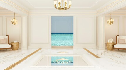 Elegant White Interior Room with Ocean View and Classic Decor