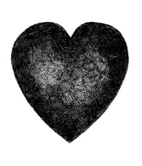 Graphic image of heart, created by hand. Symbol of love and passion with textured surface, made using uneven black hatching. The middle of heart is lighter. Gradient to the edges. Ink pen drawing.