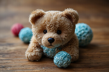 Obraz premium Cute teddy bear with colorful yarn balls on wooden surface