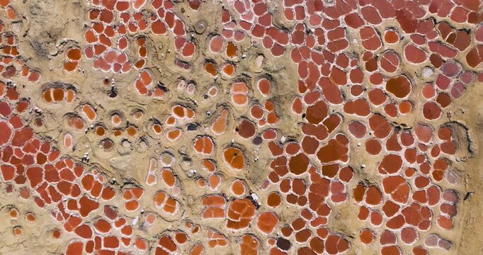 Above View Of The Red Salt Flats Situated In The Qobba Area Of Socotra In Yemen. Aerial Ascending Shot