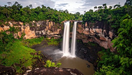 Obraz premium Twin waterfalls cascading into a lush valley