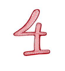 Number four doodle lettering. Isolated on white background. Red and pink color. Fill, contour consists of zigzags and dots. Around another contour of a darker color. Hand drawn.