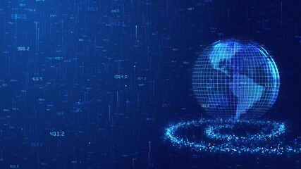 Animation of spiral grid globe rotating, binary number streams and glowing light flares moving upward. for technology themes, digital finance, global data networks, and futuristic visual projects. - Powered by Adobe