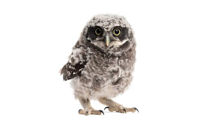 Fototapeta premium A fluffy owlet faces the camera, standing on a white background