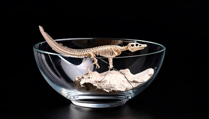Dinosaur Skeleton Displayed in Glass Bowl on Black Background