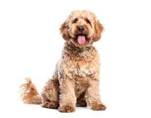 A fluffy, light brown dog sits against a white background, tongue slightly out
