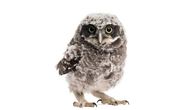 A fluffy owlet faces the camera, standing on a white background