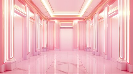 Futuristic Pink Neon Corridor with Elegant Architecture and Soft Lighting