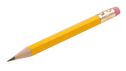A yellow pencil with a pink eraser isolated on transparent background is lying on its side and pointing to the left side