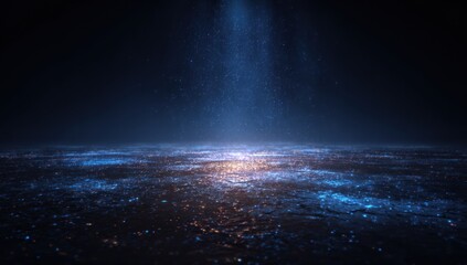 A vast, dark landscape with a glowing, shimmering surface and a beam of light descending.